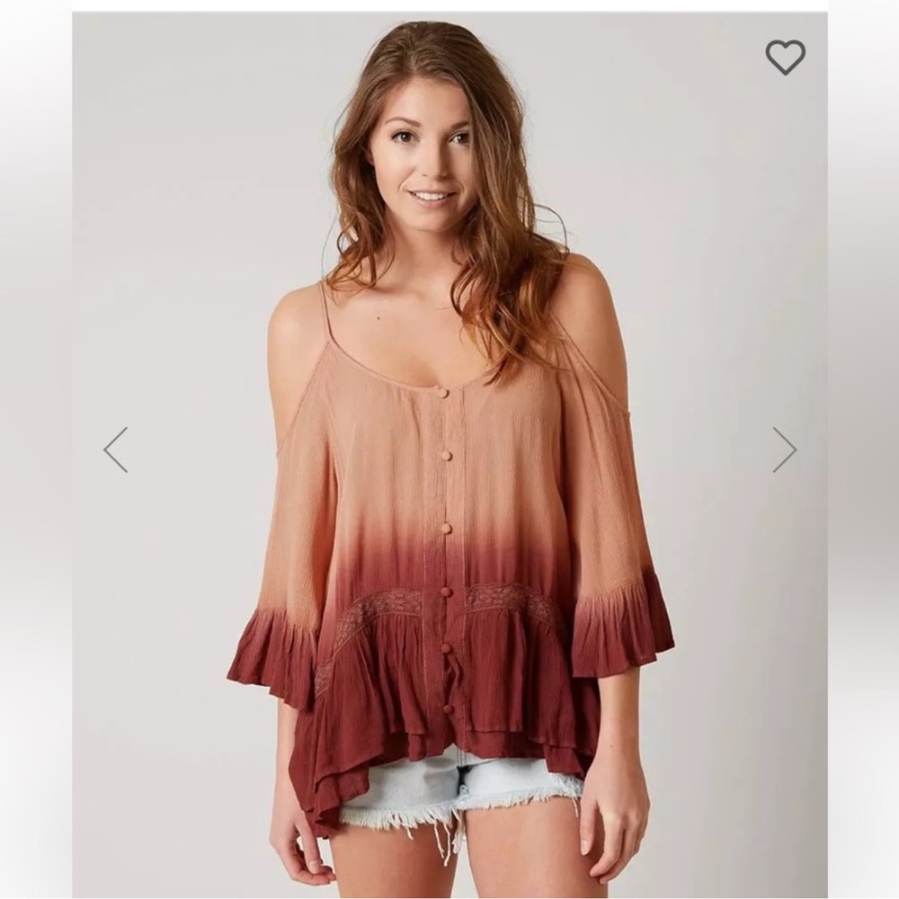 Gimmicks Blouse Sz Small Boho Peasant Cold Shoulder Pink Red Ombre Rayon Top